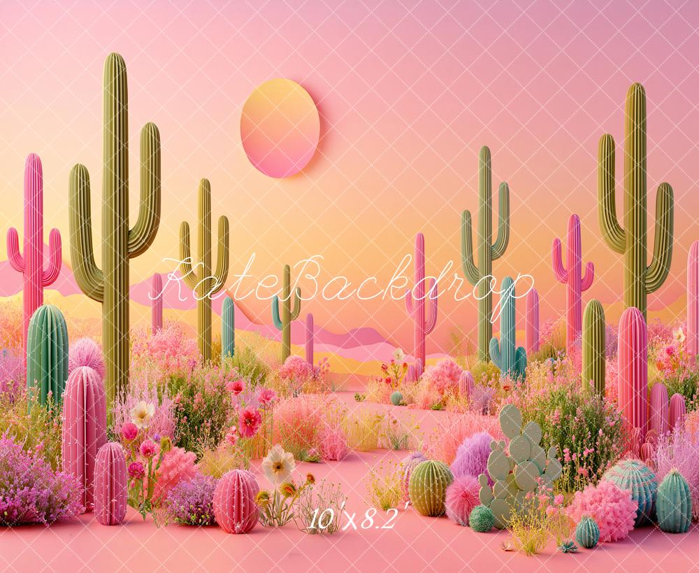 Kate Fantasy Pink Paper Cactus Desert Flowers Sunset Printed Backdrop Designed by Angela Miller