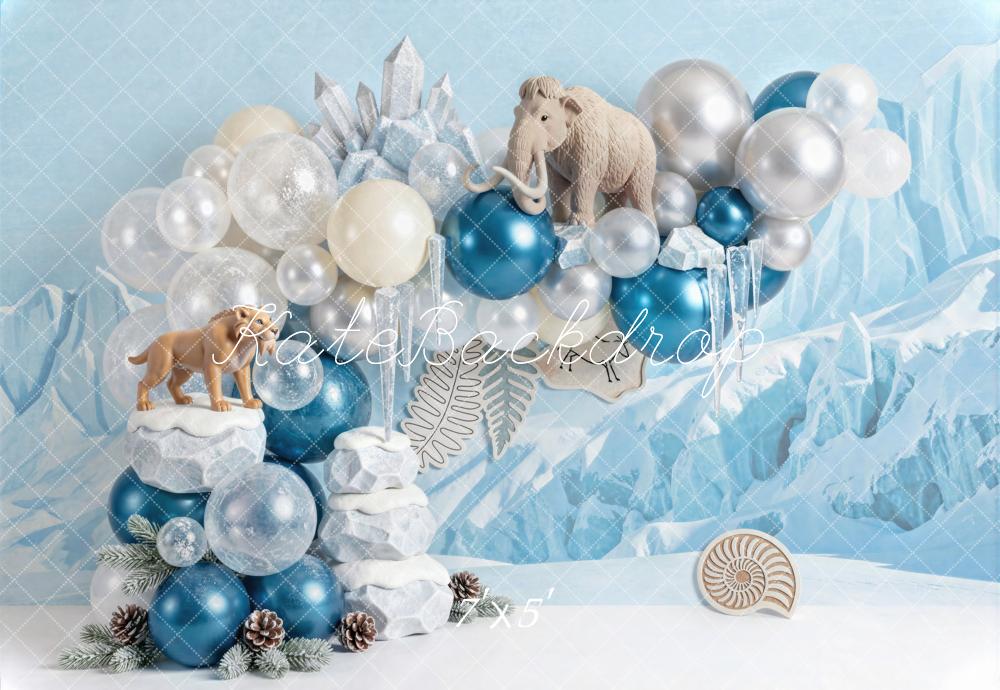Kate Cake Smash Winter Blue Prehistoric Animals Crystal Balloons Printed Backdrop Designed by Mini MakeBelieve