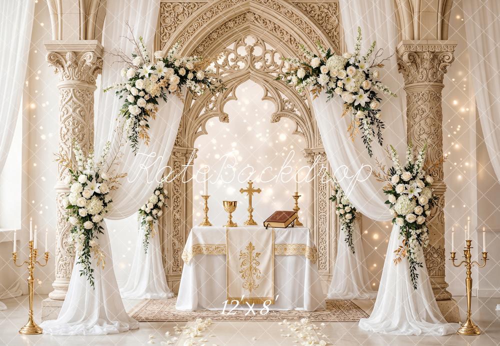 Kate Mother's Day Floral Arch Ornate Columns Altar Printed Backdrop Designed by Chain Photography