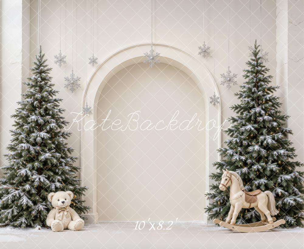Kate Christmas Minimalist Arch Snowy Trees Teddy Bear Rocking Horse Printed Backdrop Designed by Emetselch