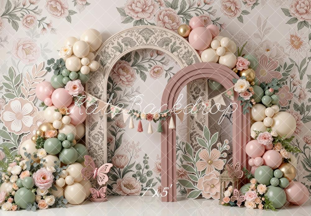 Kate Cake Smash Garden Flower Arch Balloon Floral Printed Backdrop Printed Backdrop Designed by Mini MakeBelieve