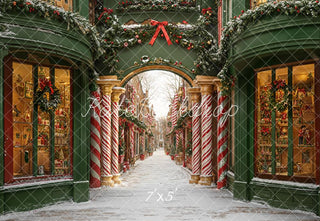 Kate Christmas Shop Street Arch Candy Cane Columns Printed Backdrop Designed by Emetselch