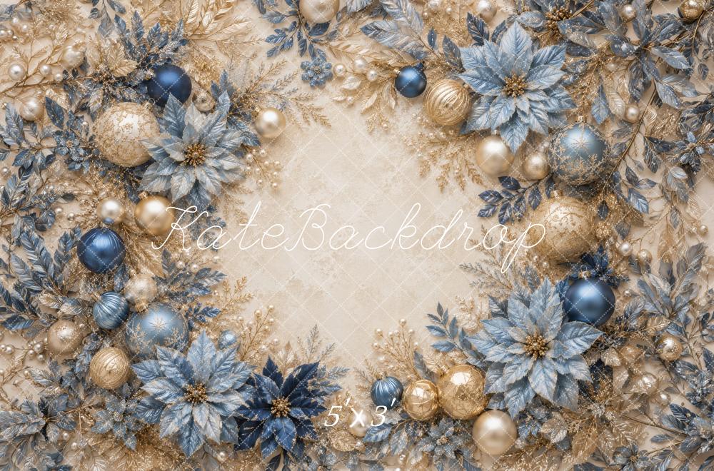 Kate Christmas Blue Gold Ornaments Poinsettias Garland Printed Backdrop Designed by Megan Leigh Photography