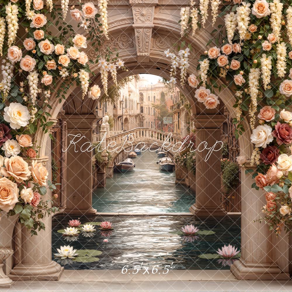 Kate Flower Arch Venetian Canal Floral Columns Printed Backdrop Designed by Emetselch