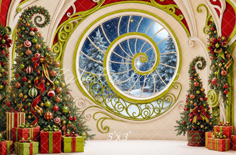 Kate Christmas Elf Spiral Window Decorated Trees Gifts Printed Backdrop Designed by Shutter Swan Studios