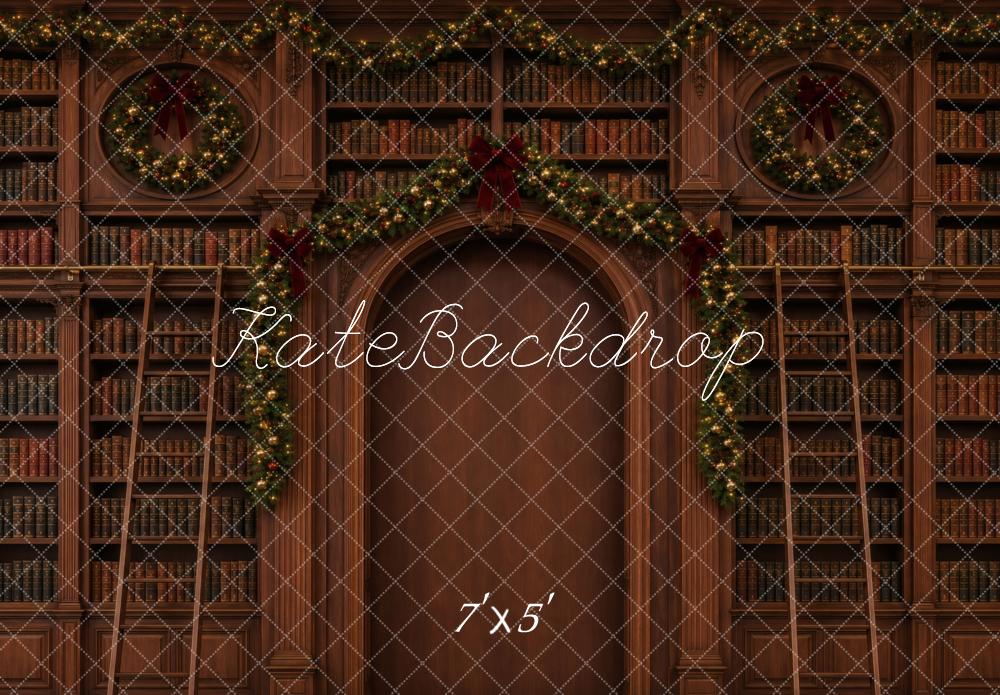 Kate Christmas Library Bookshelves Garland Printed Backdrop Designed by Vertigo Productions