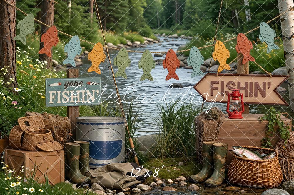 Kate Fishing Camp River Garland and Baskets Printed Backdrop Designed by Emetselch
