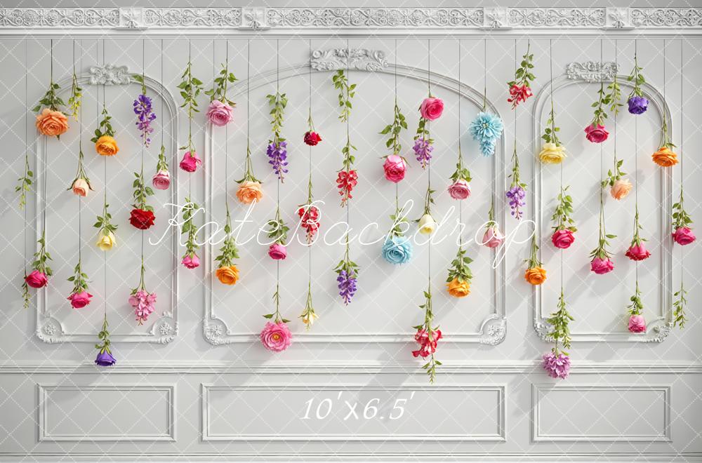 Kate Spring Hanging Flowers White Retro Wall Backdrop Designed by Mini MakeBelieve