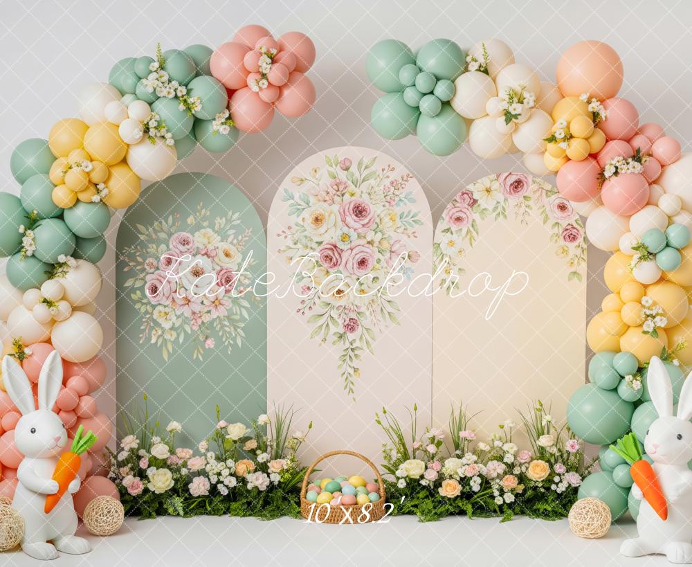Kate Easter Bunny Flower Arch Pastel Balloons Printed Backdrop Designed by Patty Roberts