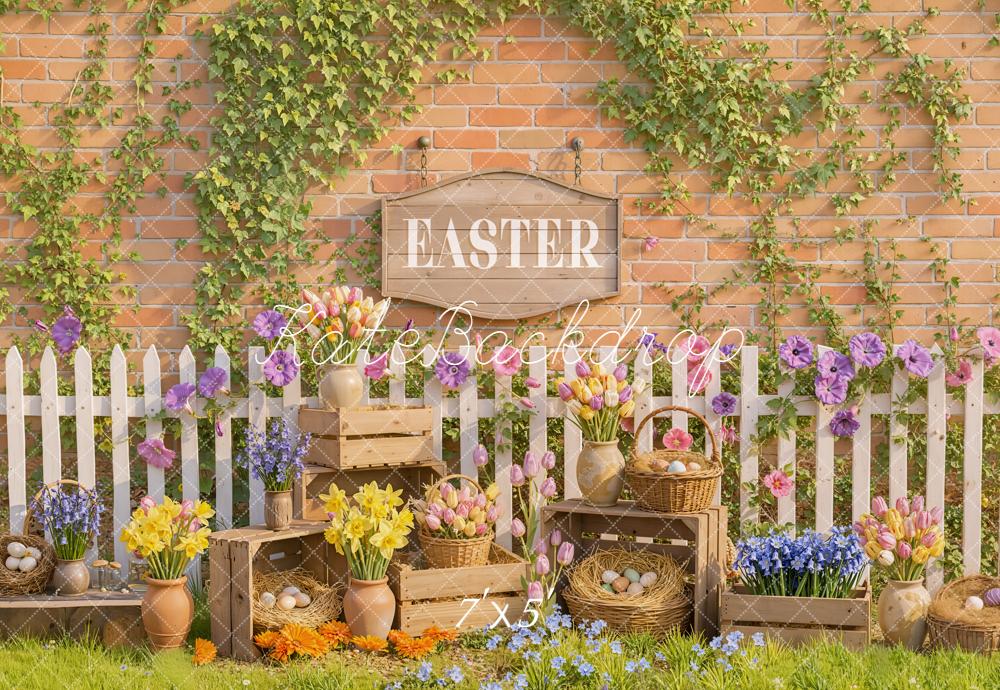 Kate Easter Garden Flowers Eggs White Fence Backdrop Designed by Emetselch