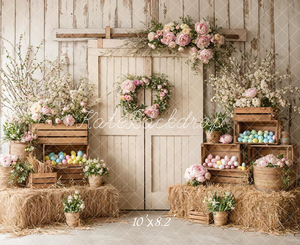 Kate Easter Spring White Barn Door Flowers Eggs Wood Crates Backdrop Designed by Emetselch