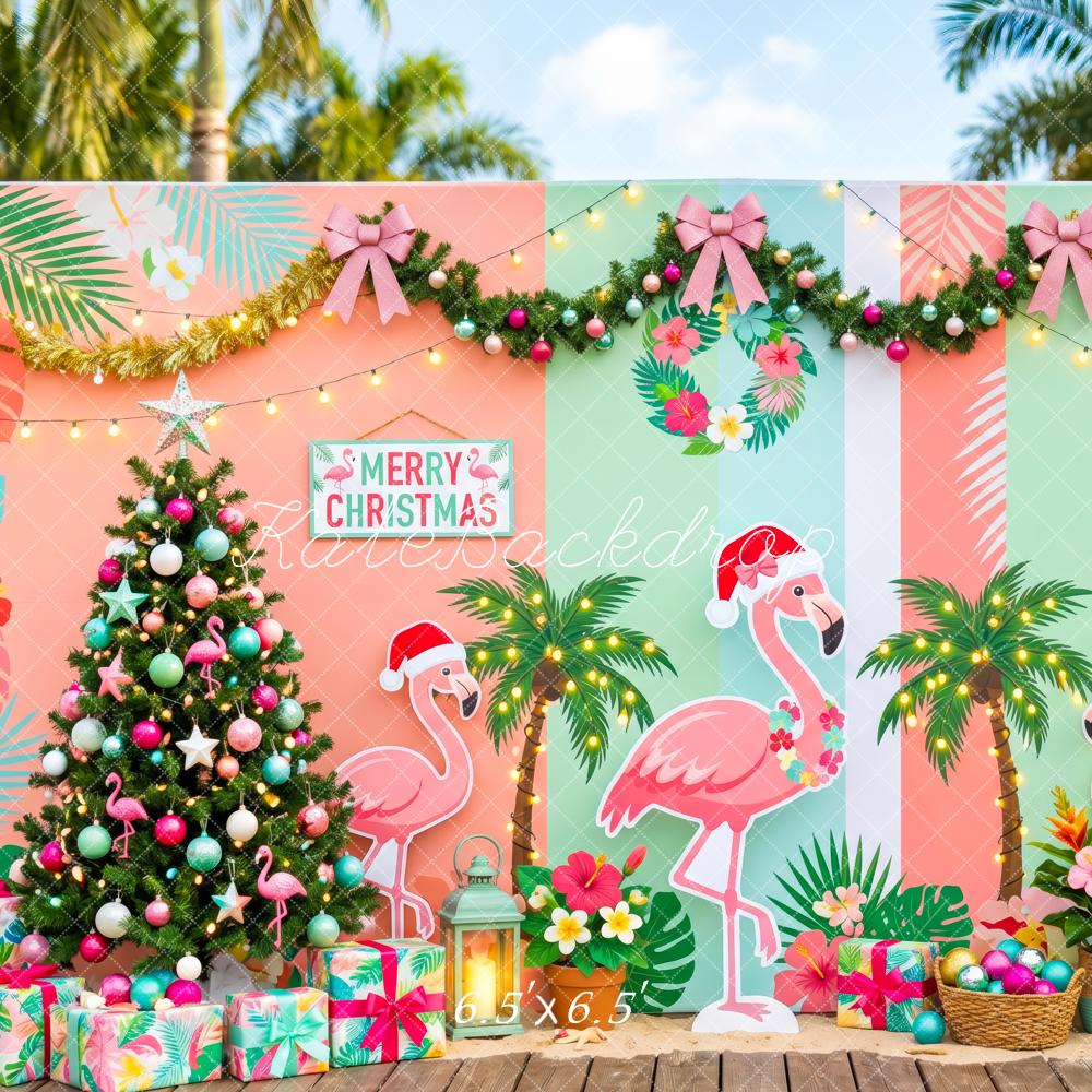 Kate Summer Christmas Flamingo Palm Tree Tropical Printed Backdrop Designed by Patty Roberts