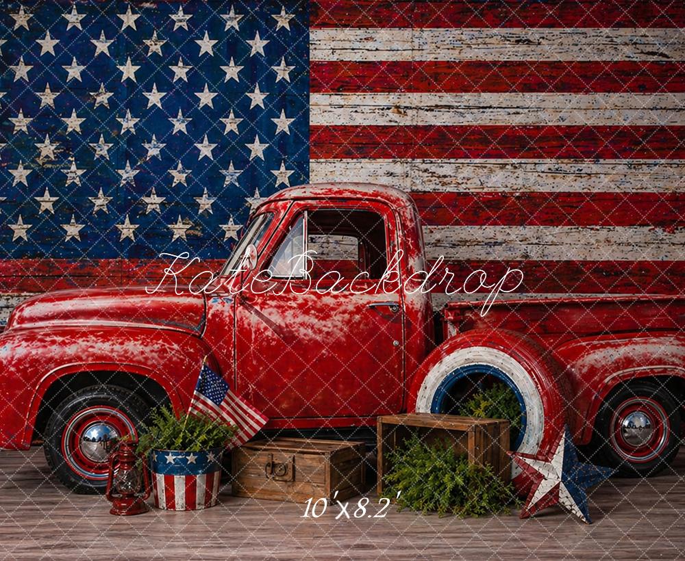 Kate Patriotic Vintage Truck American Flag Red Pickup Printed Backdrop Designed by Caitlin Lynch