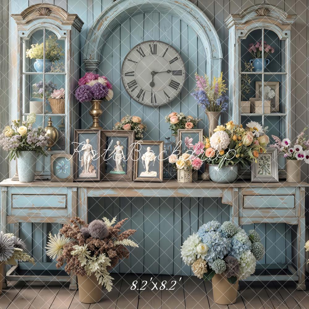 Kate Spring Vintage Blue Cabinet Clock Floral Backdrop Designed by Mini MakeBelieve