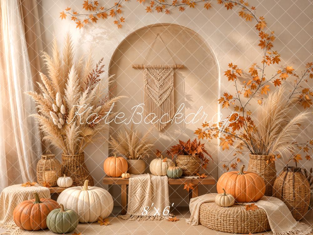 Kate Fall Boho Pumpkin Pampas Grass Arch Cozy Wicker Printed Backdrop Designed by Emetselch