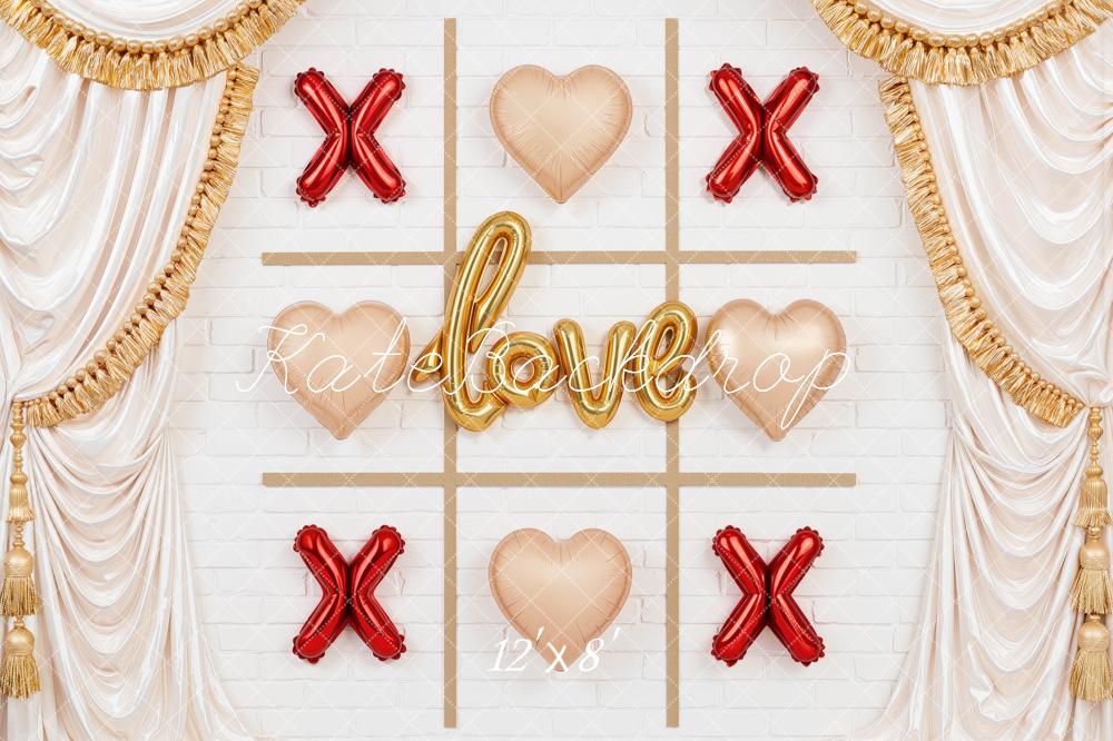 Kate Valentine's Day Tic Tac Toe Heart Balloons Drapery Printed Backdrop Designed by Mini MakeBelieve