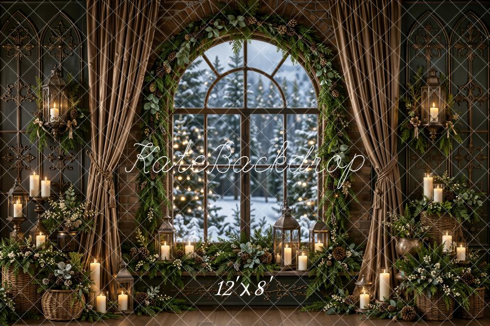 Kate Christmas Arched Window Candle Evergreen Garland Printed Backdrop Designed by Emetselch