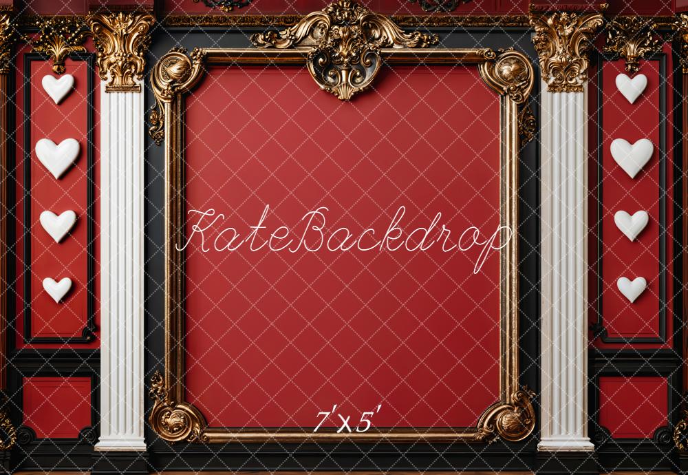 Kate Retro Red Baroque Hearts Columns Gold Frame Wall Backdrop Designed by Emetselch