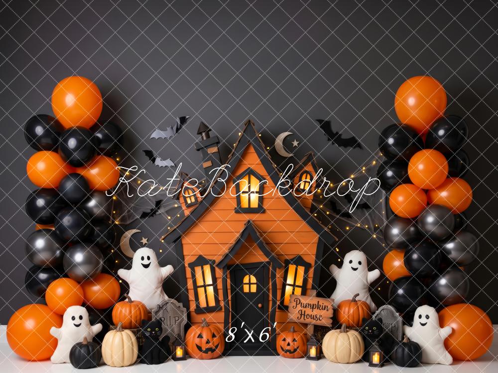 Kate Halloween Haunted House Cute Ghosts Bats Pumpkins Balloons Printed Backdrop Designed by Patty Roberts