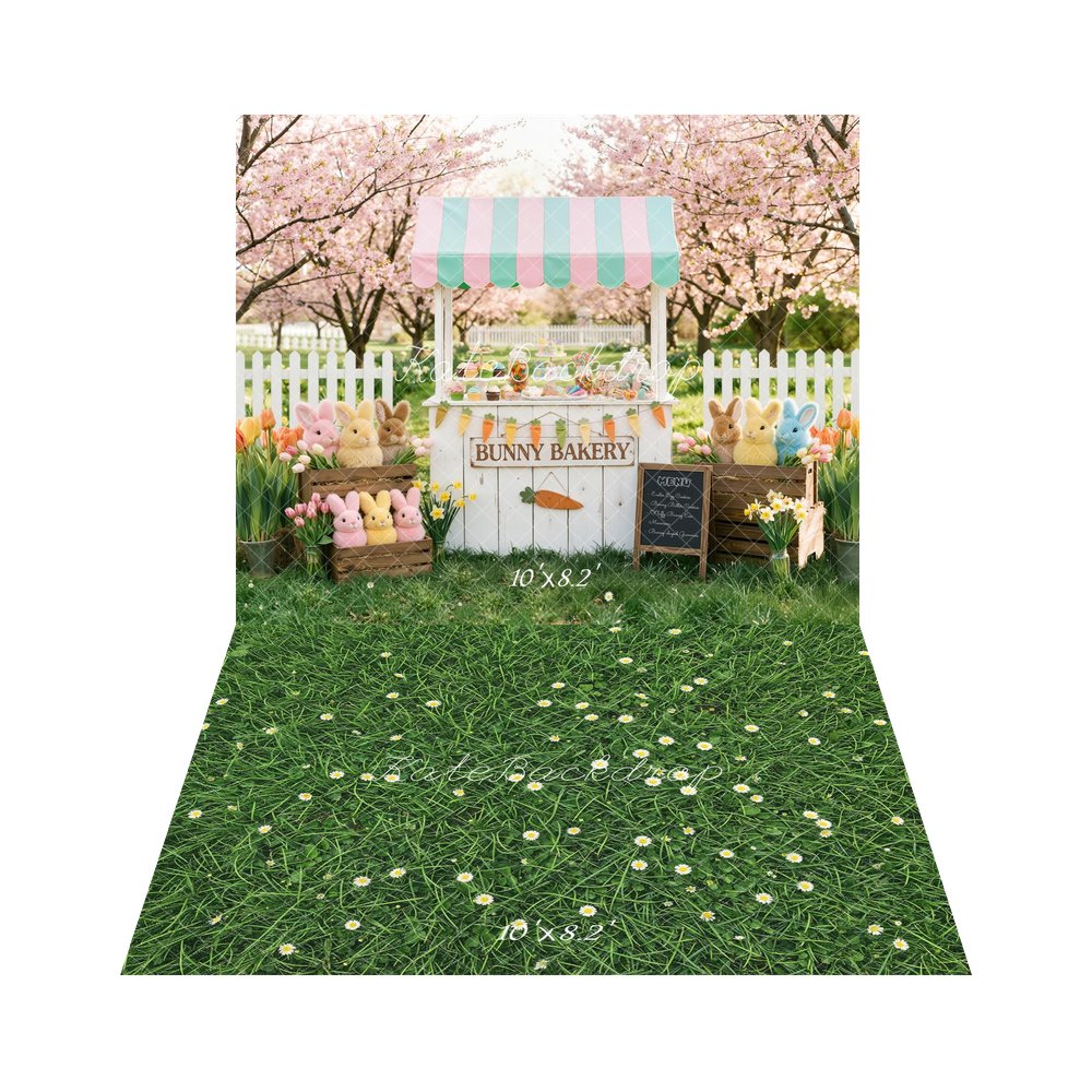 Kate Easter Bunny Bakery Pink Blossoms Backdrop+Green Grass Daisy Flowers Backdrop