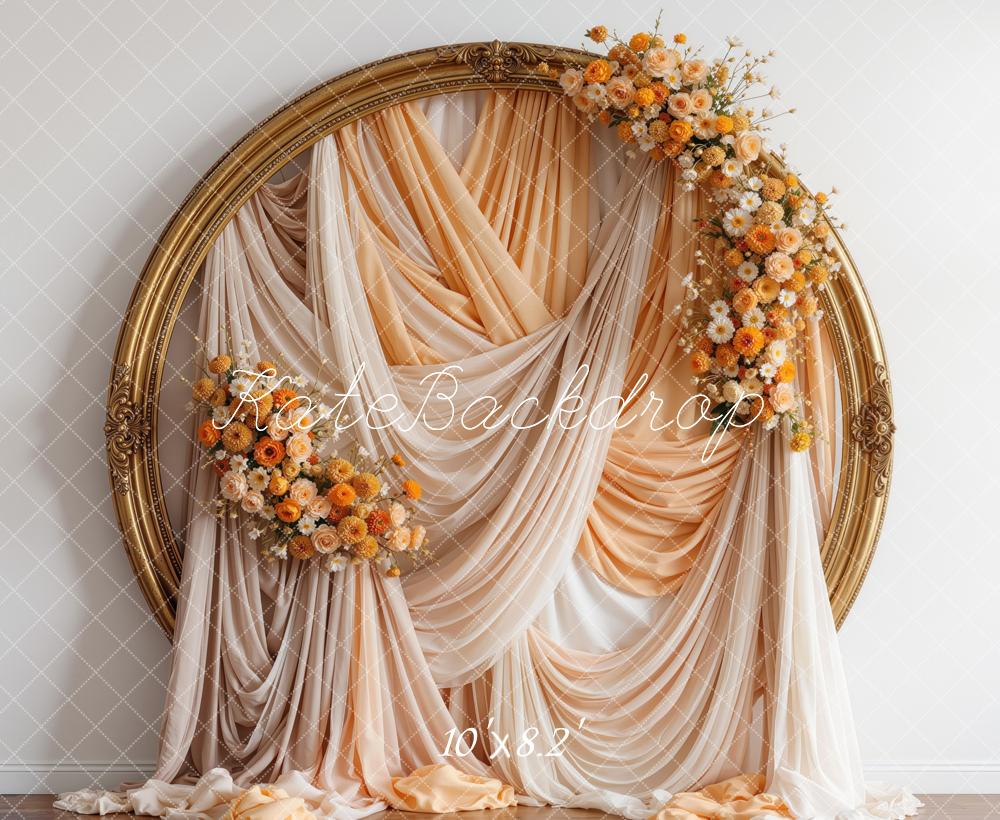 Kate Fall Flower Gold Circle Frame Peach Drapes Printed Backdrop Designed by Mini MakeBelieve