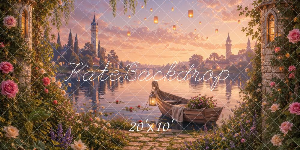 Kate Fairy Fantasy Castle Lake Boat Garden Flowers Sunset Printed Backdrop Designed by Ashley Ward