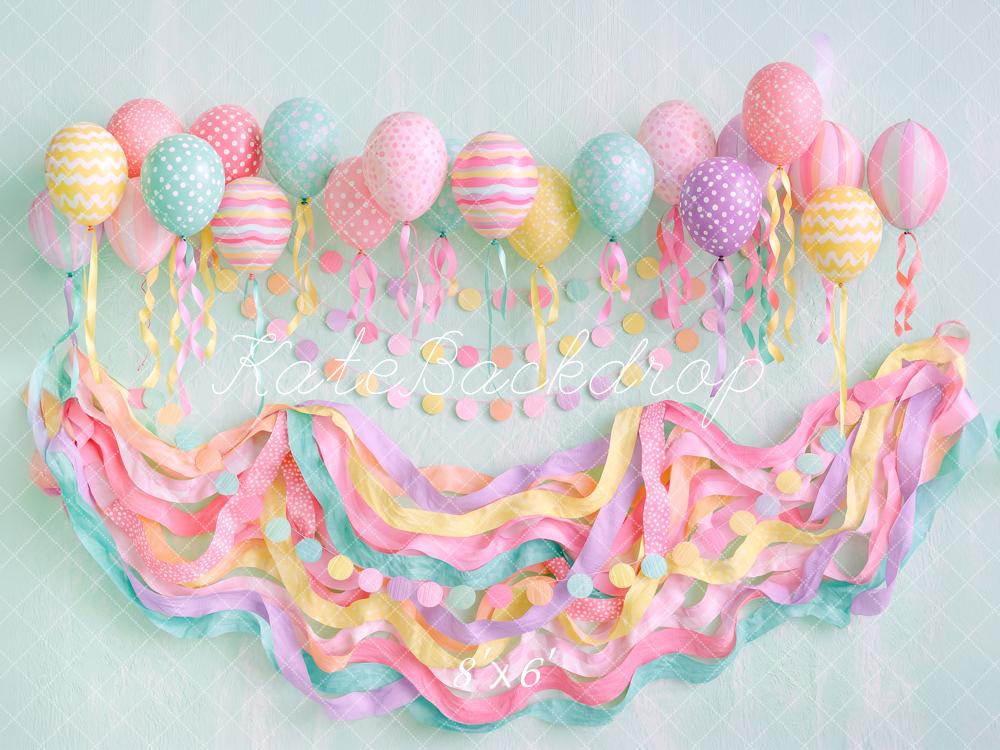 Kate Birthday Party Kids Pastel Balloons Streamers Printed Backdrop Designed by Angela Miller