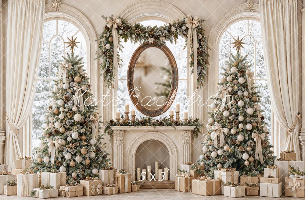 Kate Christmas Vintage Fireplace Window Christmas Tree Gifts Printed Backdrop Designed by Emetselch