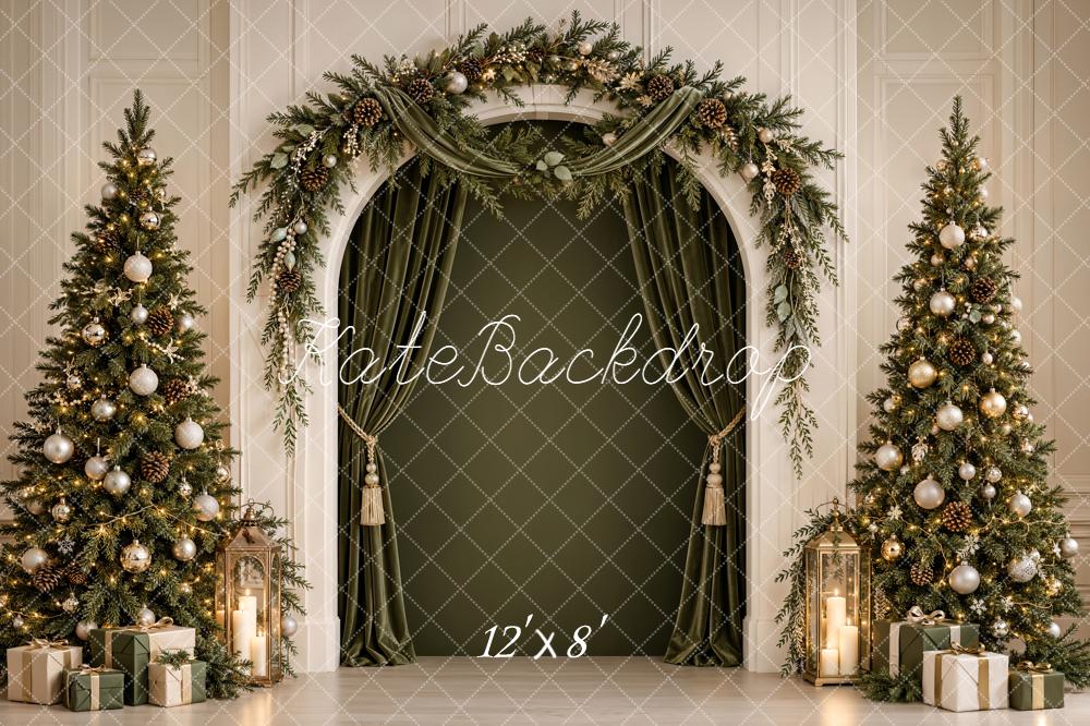 Kate Christmas Evergreen Garland Arch Twin Trees Green Printed Backdrop Designed by Emetselch