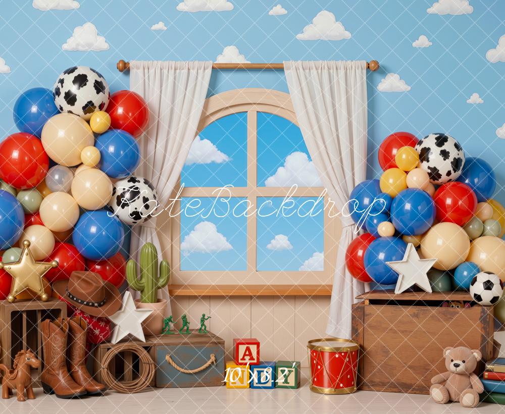 Kate Cake Smash Cowboy Toys Boots Balloons Window Blocks Printed Backdrop Designed by Mini MakeBelieve