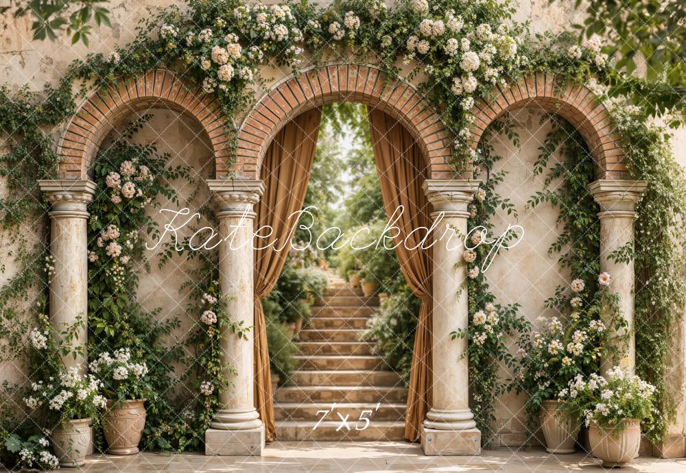 Kate Spring Vintage Roman Arch Garden Columns Stairs Flower Beige Printed Backdrop Designed by Emetselch