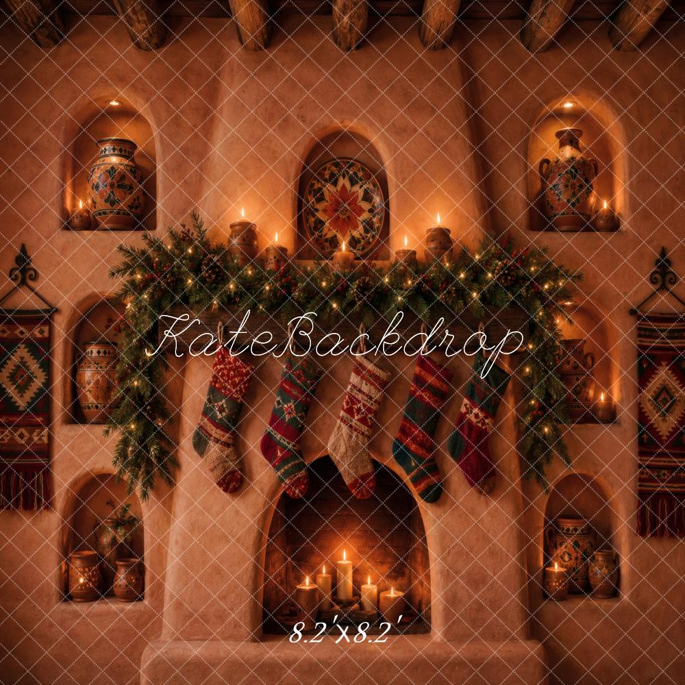 Kate Christmas Southwestern Rustic Fireplace Stockings Garland Printed Backdrop Designed by Vertigo Productions