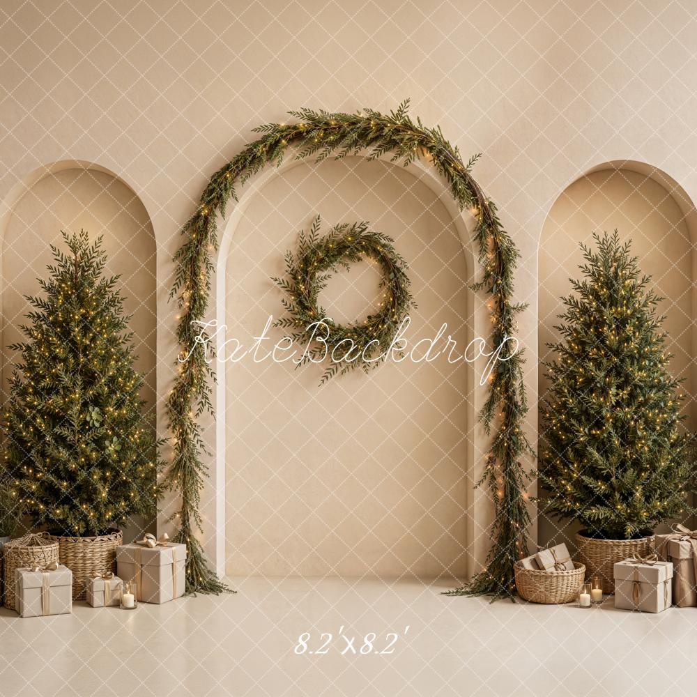 Kate Christmas Neutral Arch Wall Wreath Trees Gifts Printed Backdrop Designed by Emetselch