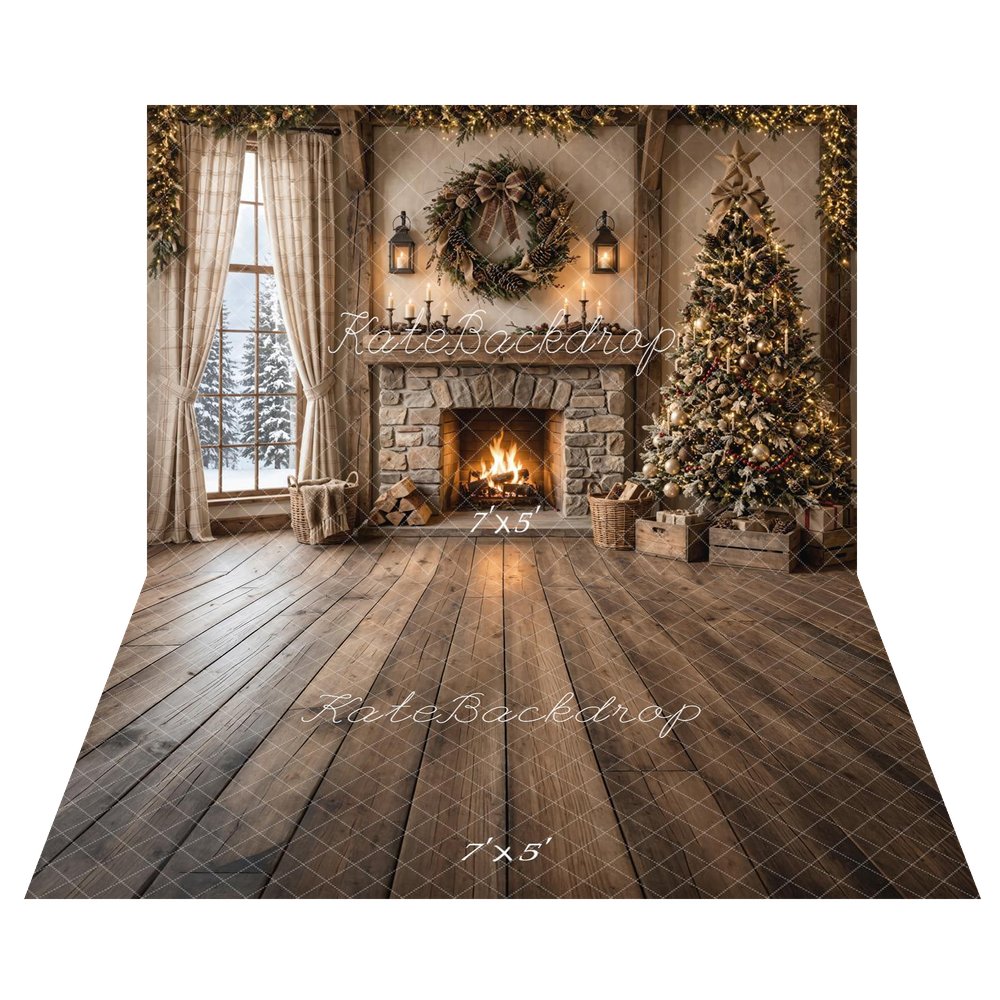 Kate Christmas Stone Fireplace Tree Wreath Garland Printed Backdrop+Brown Wood Plank Floor Printed Backdrop
