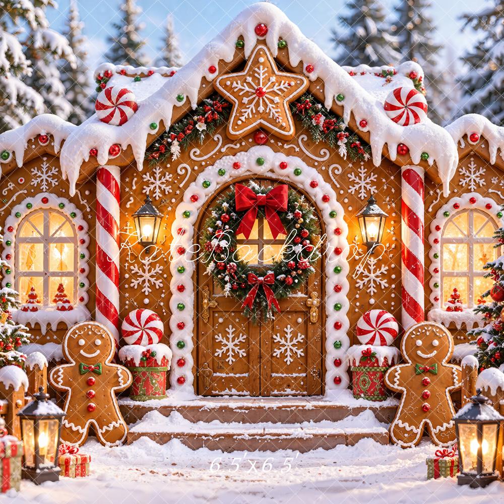 Kate Christmas Snowy Gingerbread House Doorway Candy Cane Printed Backdrop Designed by Chain Photography