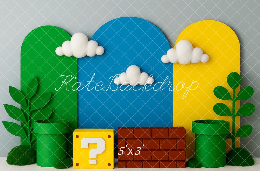 Kate Birthday Game Clouds Green Pipes Block Brick Backdrop Designed by Patty Roberts