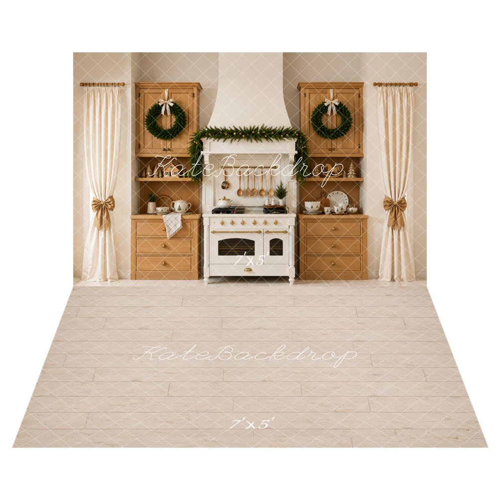 Kate Christmas Kitchen Garland Wreath Wood Cabinets Curtains Printed Backdrop+Beige Wood Plank Floor Printed Backdrop