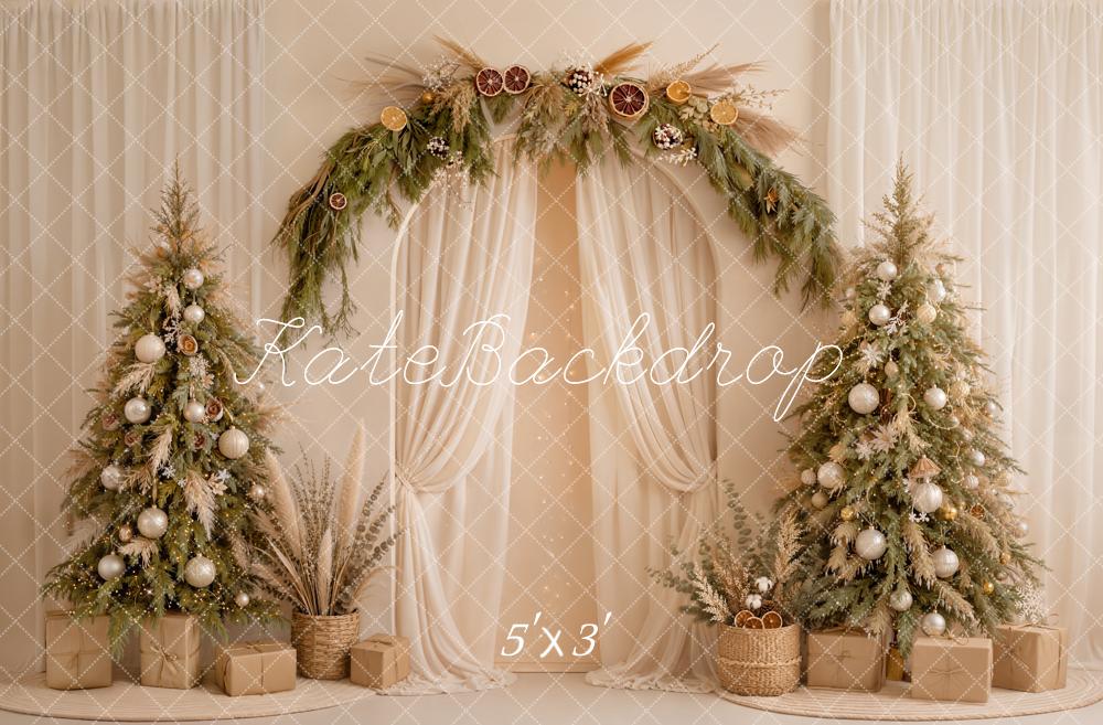 Kate Christmas Boho Flower Arch Cream Drapes Neutral Trees Printed Backdrop Designed by Emetselch