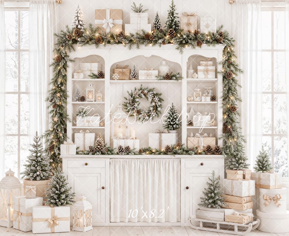 Kate Christmas Cabinet Garland Gifts Pinecones White Printed Backdrop Designed by Emetselch