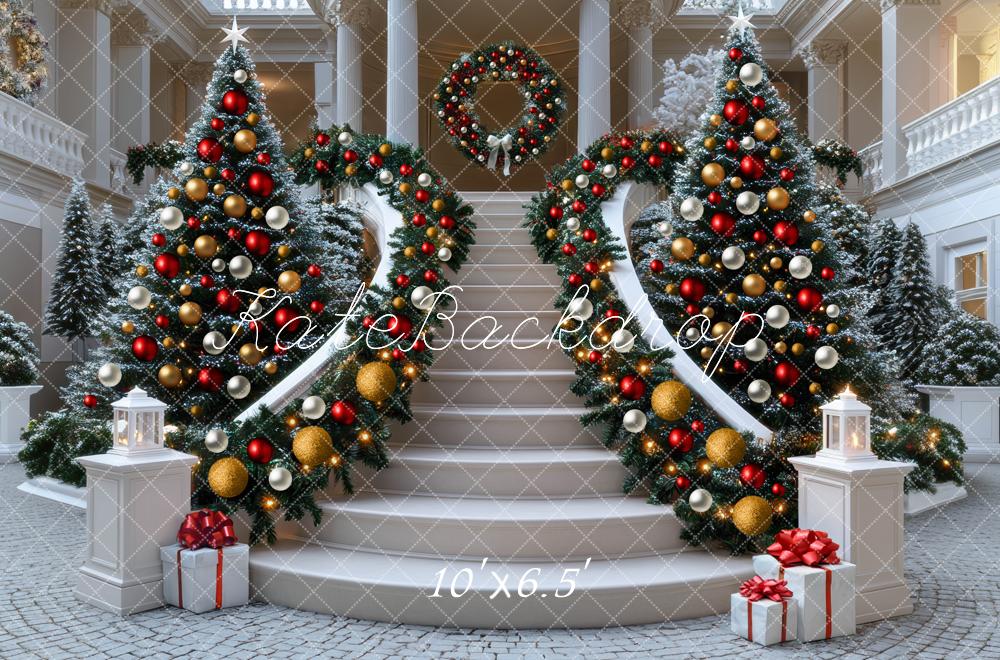 Guirnalda de Árboles de Navidad en Escaleras en Cascada de Kate Fondo Diseñado por Mini MakeBelieve