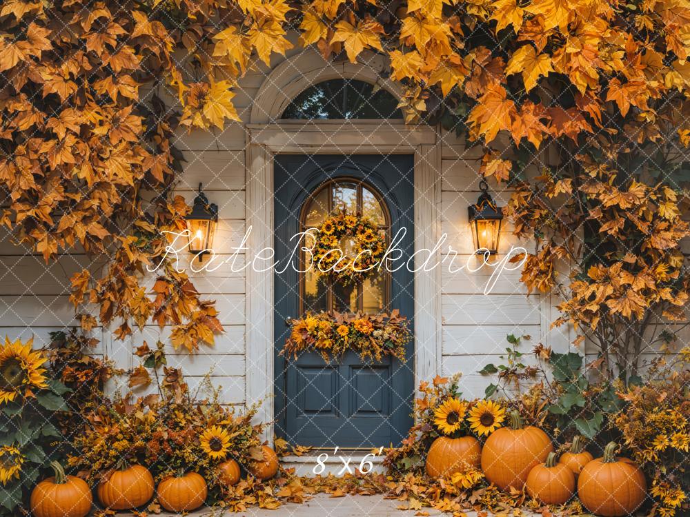 Fondo de Puerta de Calabaza de Otoño con Hojas de Arce Diseñado por Emetselch