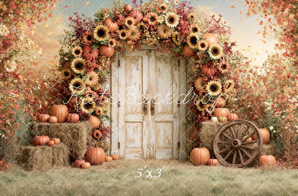Kate Fall Flower Arch Pumpkin Sunflower Rustic Door Country Printed Backdrop Designed by Angela Miller