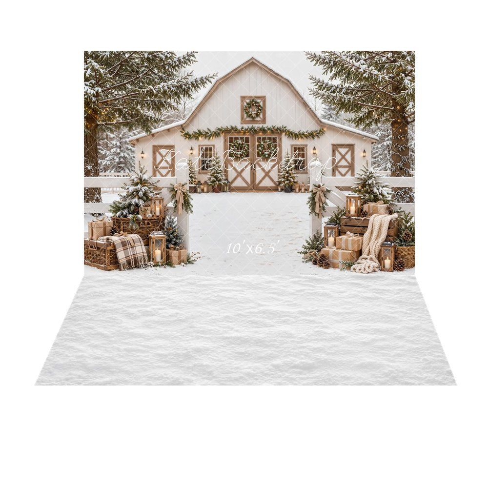 Kate Christmas Snowy White Barn Farmhouse Evergreen Gifts Plaid Printed Backdrop+White Snow Floor Printed Backdrop