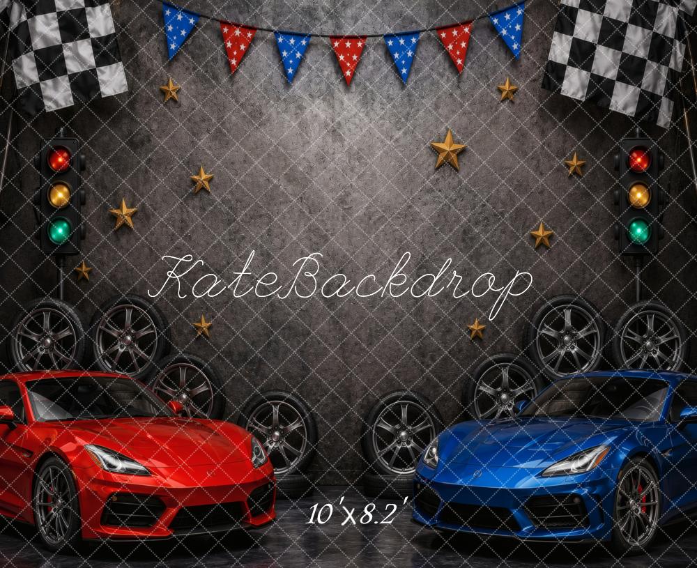 Kate Race Car Checkered Flags Wheels Traffic Lights Stars Printed Backdrop Designed by Vertigo Productions