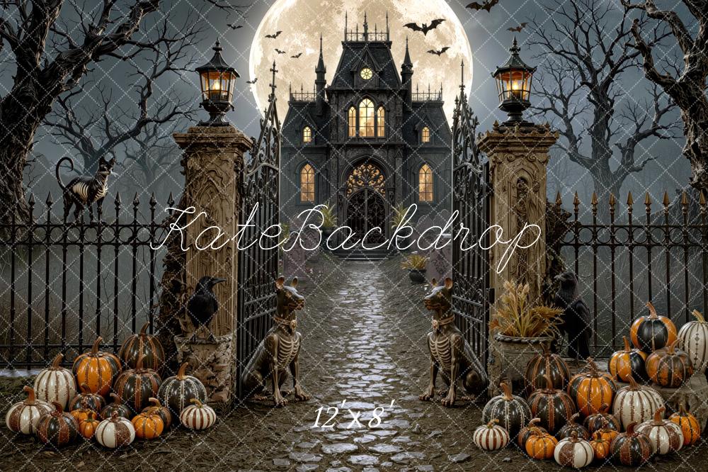 Kate Halloween Night Haunted Mansion Moon Pathway Pumpkins Printed Backdrop Designed by Mini MakeBelieve