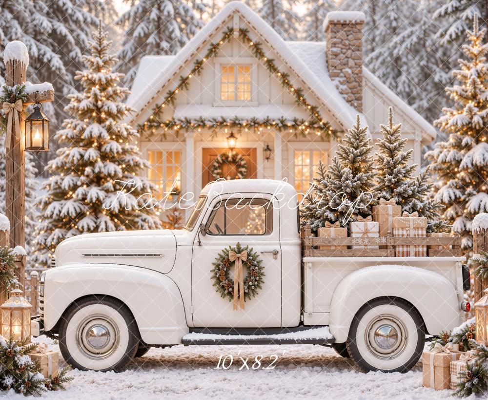 Kate Christmas White Vintage Truck Snowy Cabin Printed Backdrop Designed by Emetselch