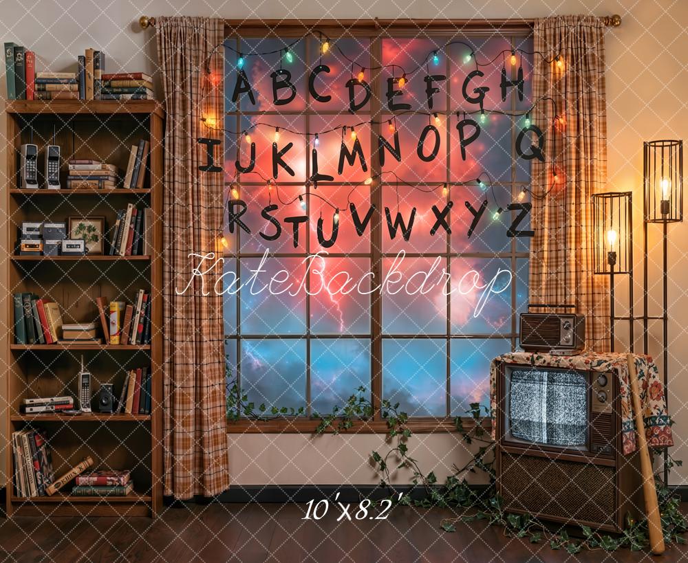 Kate Retro Living Room Alphabet String Lights Window Printed Backdrop Designed by Emetselch