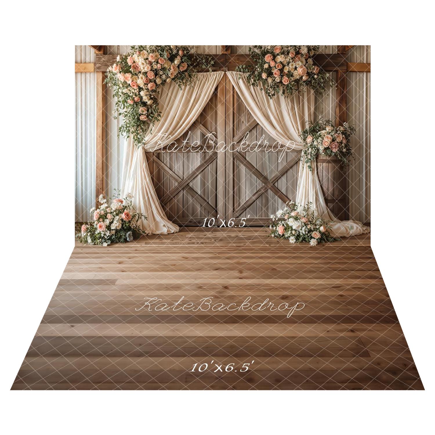 Kate Spring Romantic Flower Arch Barn Doors Cream Drapes Backdrop+Brown Wood Plank Floor Backdrop Backdrop