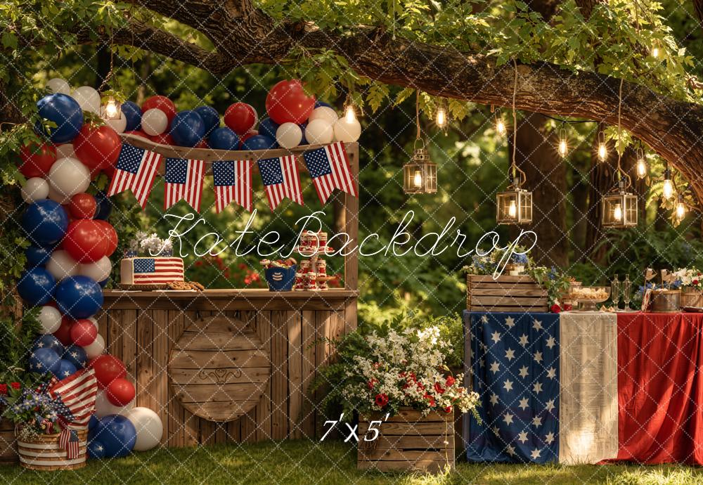 Kate 4th of July Patriotic Outdoor Balloons American Flags Rustic Table Printed Backdrop Designed by Emetselch