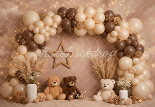 Kate Cake Smash Balloon Arch Teddy Bears Pampas Grass Neutral Brown Printed Backdrop Designed by Emetselch
